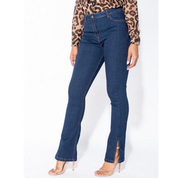 Blue High Waist Split Hem Skinny Flare Jeans Denim Pants - Picture 2 of 8